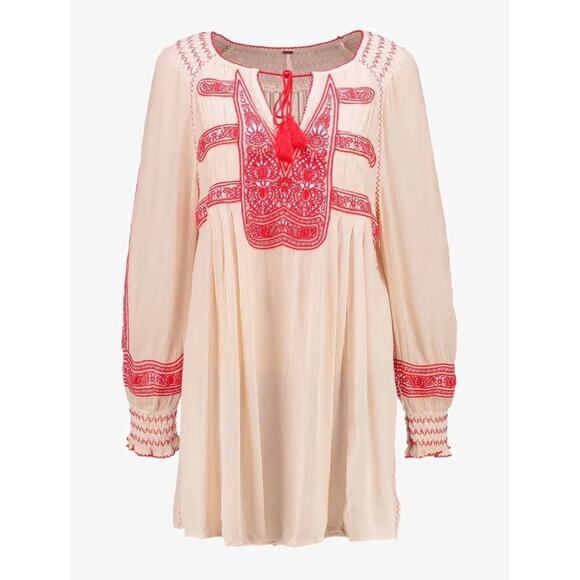 Free People Wind Willow Cashmere Dress Long Sleeve Mini Red Cream Size XS - Picture 2 of 11